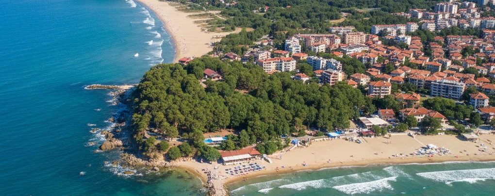 Панорамна гледка от въздуха към Приморско, разположен на живописен полуостров с дълги плажни ивици.